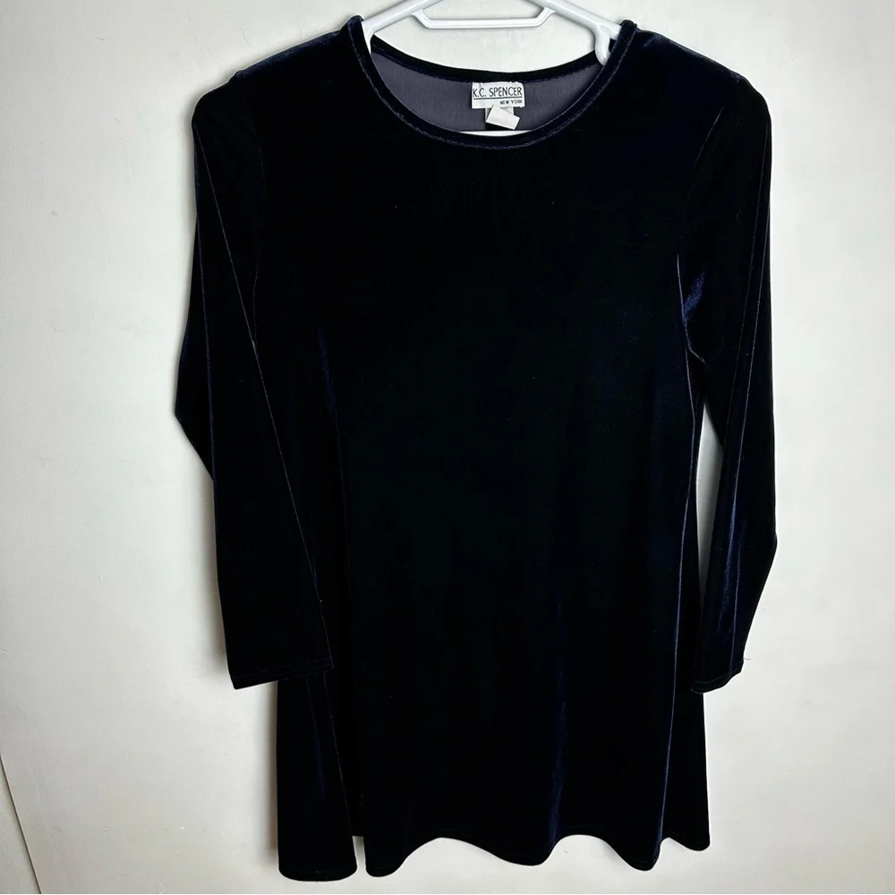 Vintage 90s Velvet Mini Dress Women's Size 14 Velour Long Sleeved Blue Black